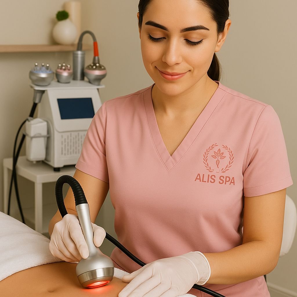 Cosmetóloga aplicando tratamiento reafirmante con radiofrecuencia en abdomen en ALIS SPA